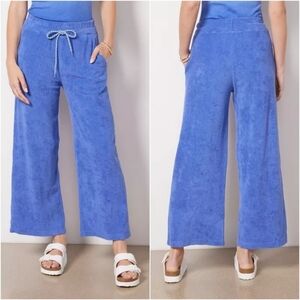 NEW Sundry High Rise Wide Leg Cropped Pants Loop Terry Cotton Blue Small